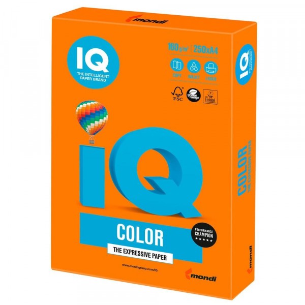 Бумага А4 IQ Color OR43 насыщенный оранжевый 160 г/м2 250 л IQCol А4/160-OR43