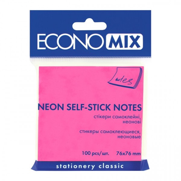 Блок бумаги с липким слоем Economix 75*75*100 л розовый неон E20944-09