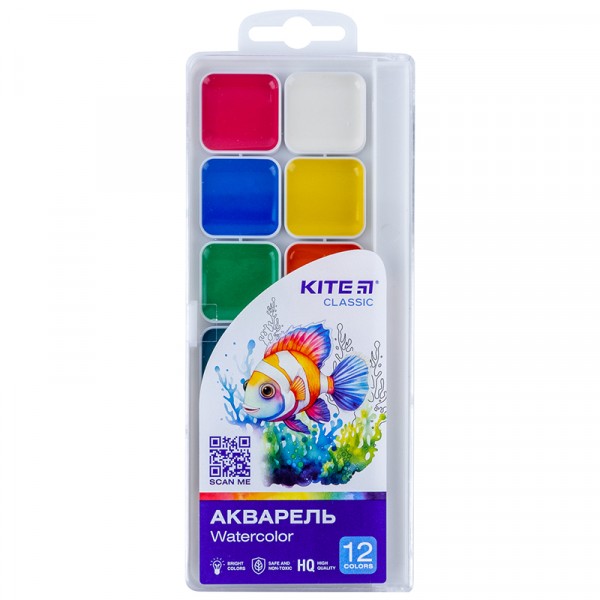 Акварель Kite Classic 12 цв., б/к, пластик K-061