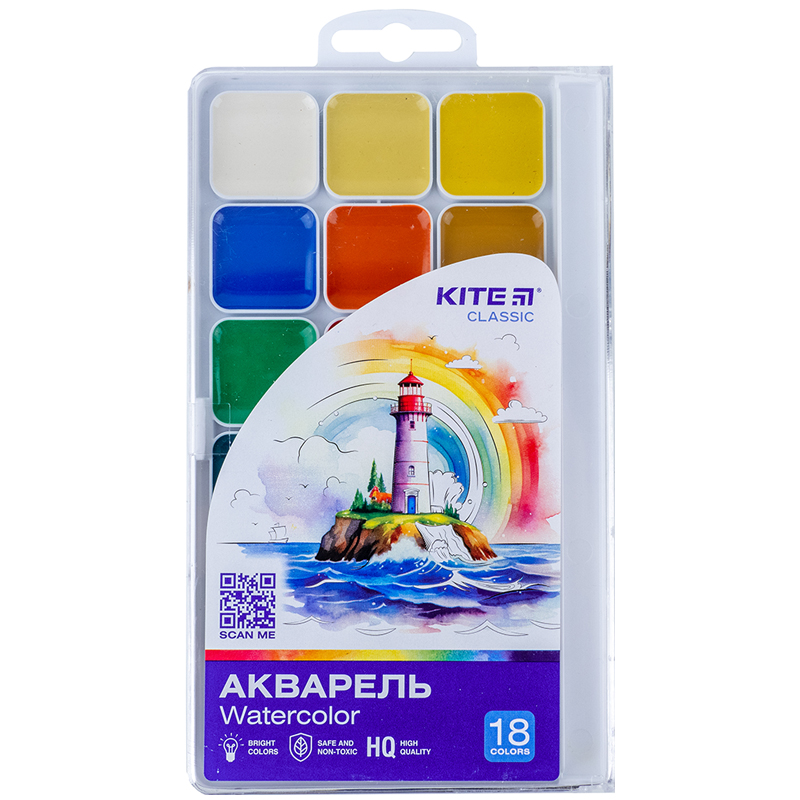 Акварель Kite Classic 18 цв., б/к, пластик K-066