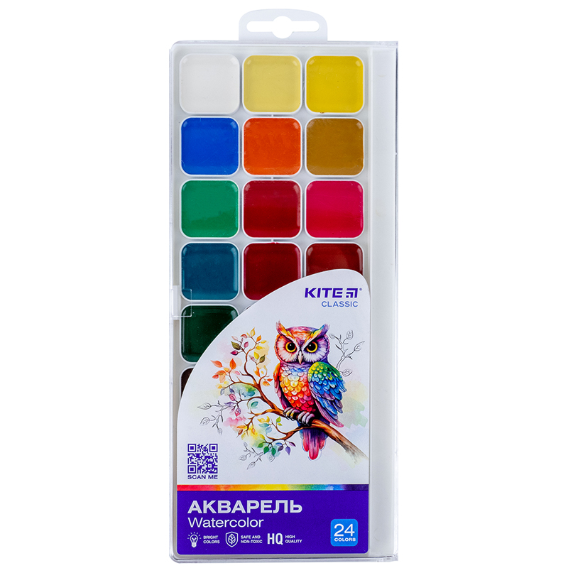 Акварель Kite Classic 24 цв., б/к, пластик K-442